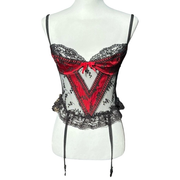 Vintage Nani Flower Lingerie Sz Small Red Black Satin Floral Lace Teddy Bustier - Picture 2 of 12
